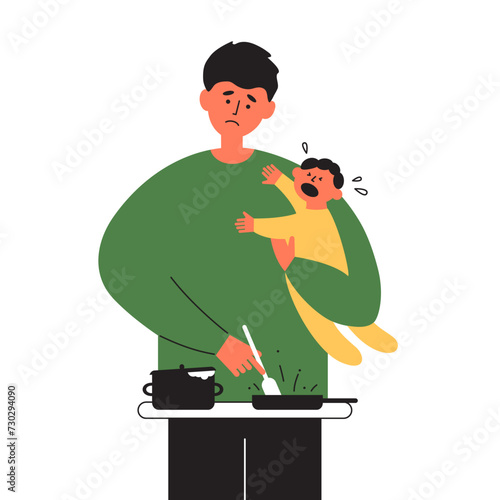 Parental leave, single father concept, exhausted male person baby sitter. Parent depression vector illustration. Worried man cooking food on stove holding crying child in hand. Tired husband with kid