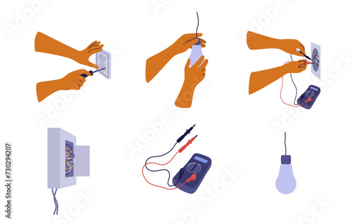 Electricity work tool set. Digital multimeter, light bulb, switchboard icon. Engineer hands holding electrical tester, screwing electric outlet wire using screwdriver. Isolated vector illustration