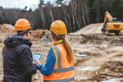 Male and female engineers in orange safety helmets check construction work against the backdrop of an excavator.