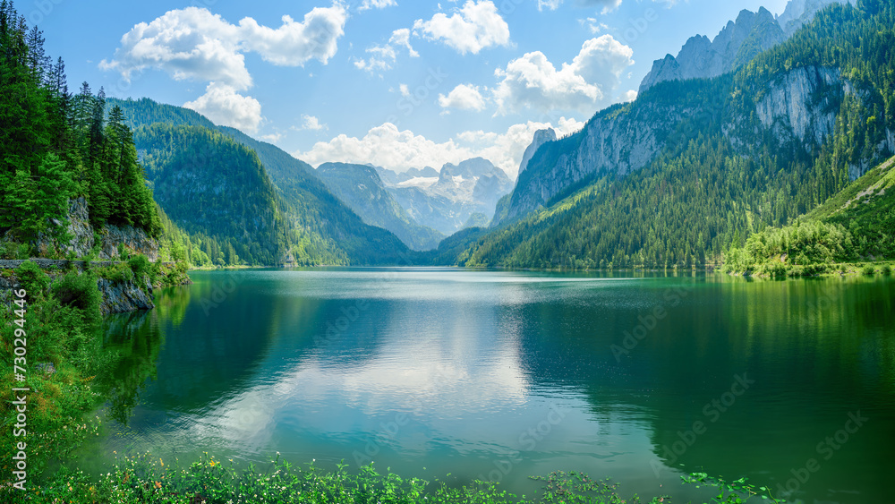Gosausee, a beautiful lake with moutains in Salzkammergut, Austria.	
