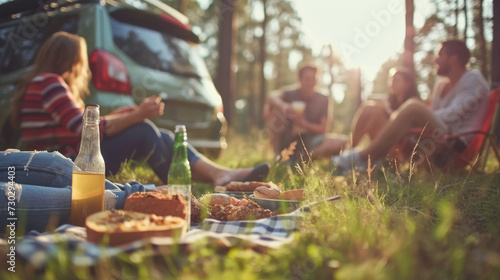 Blurred images of friends sitting on a blanket having a picnic on a road trip. photo