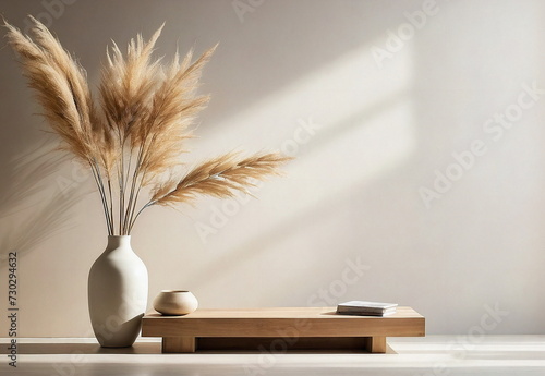 Modern Interior design in pastel beige color with table and big vase with dry grass near wall with sunlignt. Empty living room. Copy space. photo