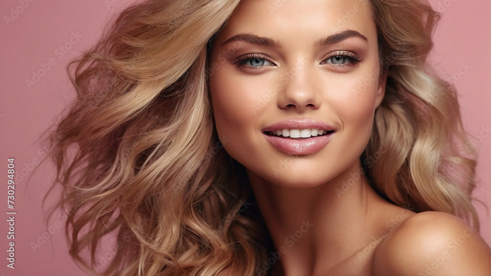Beautiful smilling young woman model with long blond hair ,blue eyes and clean fresh skin portrait on pink background with copy space. Face care , treatment, cosmetology, hair style . Banner. Beautiful smilling young woman model with long blond hair ,blue eyes and clean fresh skin portrait on pink background with copy space. Face care , treatment, cosmetology, hair style . Banner.