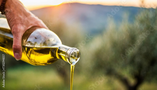 Golden olive oil pouring amidst serene olive grove at sunrise, with mountain village silhouetted against colorful sky