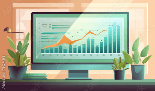 computer screen with charts windows vector flat isolated illustration