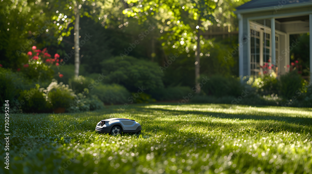Voice activated robotic lawnmower Captured navigating a well kept garden