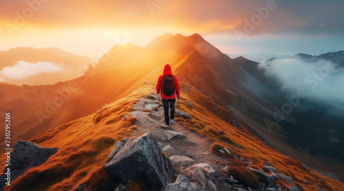 A solitary hiker in a red jacket ascends a rocky mountain path against a stunning backdrop of golden sunrise and misty mountain peaks