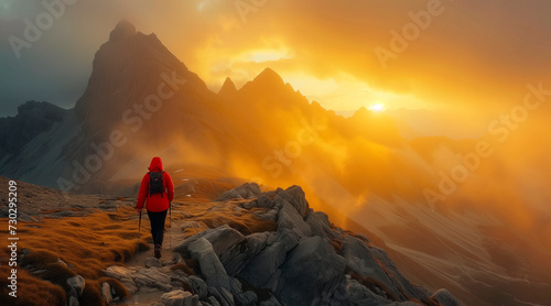 Fotografia A solitary hiker in a red jacket ascends a rocky mountain path against a stunnin