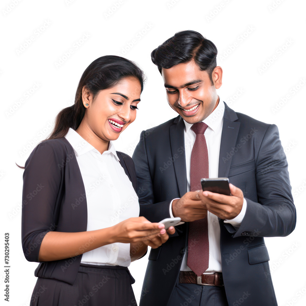 Indian businessman showing some detail in smartphone to female assistant