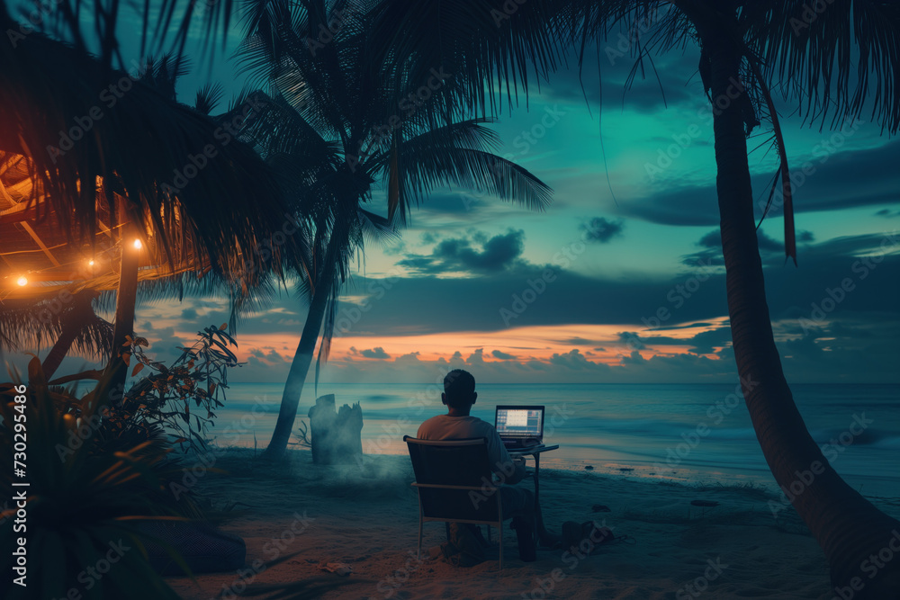 Remote Work Paradise: Person Working on Laptop on a Tropical Beach at Sunset