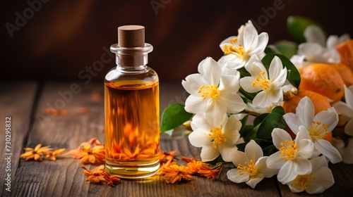 A bottle of amber colored cypress oil, surrounded by white jasmine flowers and orange petals on the wooden table