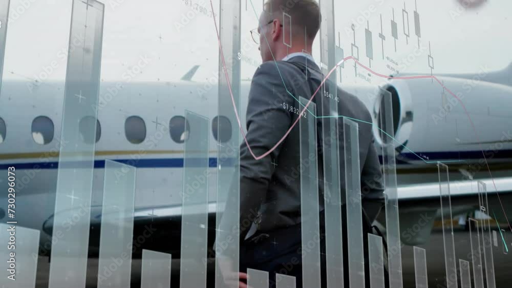 Animation of graphs processing data over caucasian businessman boarding plane Animation of graphs processing data over caucasian businessman boarding plane