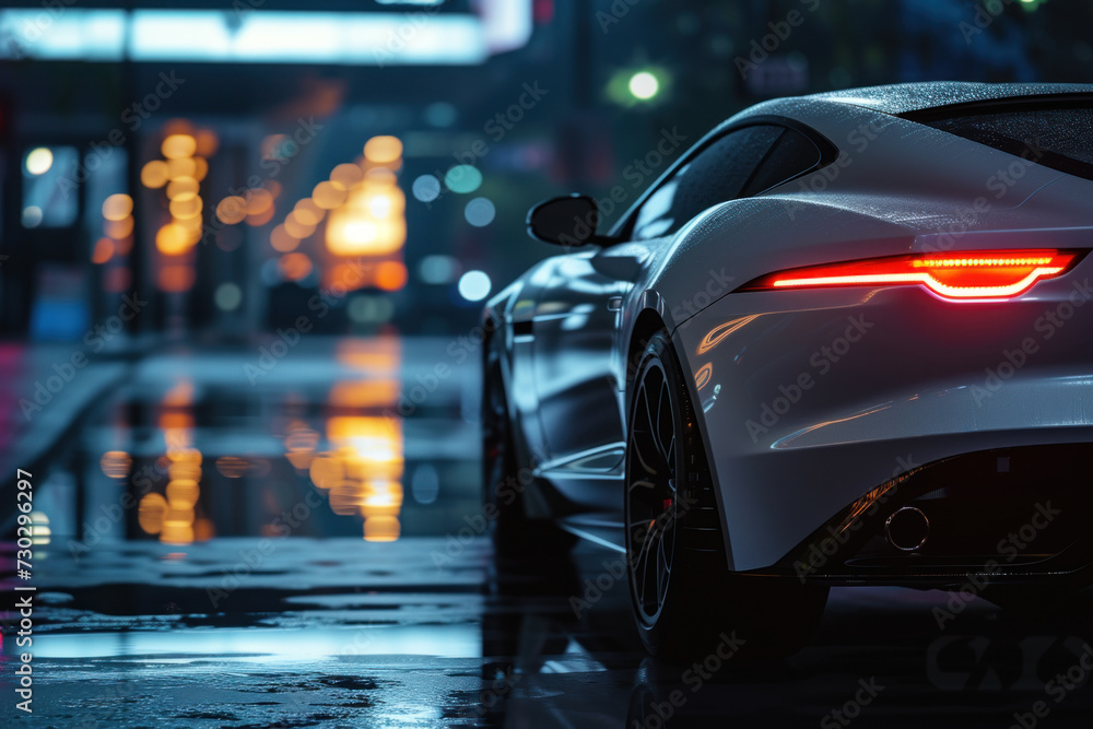 Luxury Sports Car Taillights Glowing on a Rainy City Night