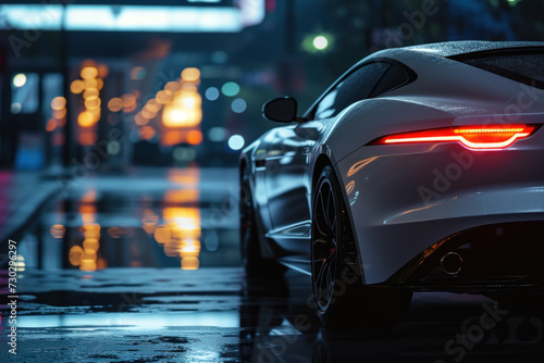Luxury Sports Car Taillights Glowing on a Rainy City Night © KirKam