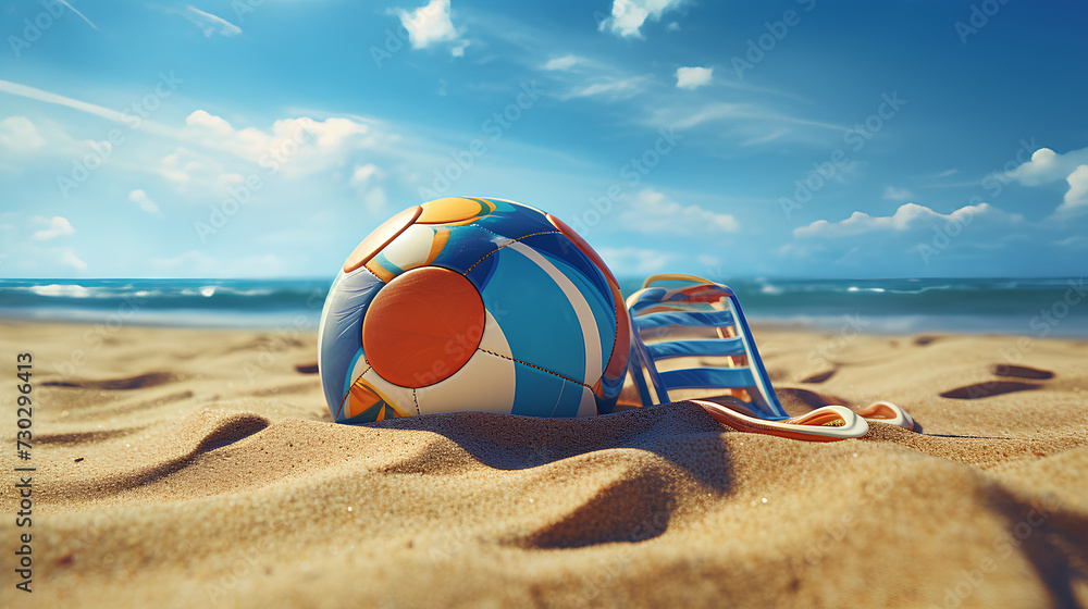 Obraz premium Beach ball, sunglasses, flip flops on the beach, holiday, summer concept.