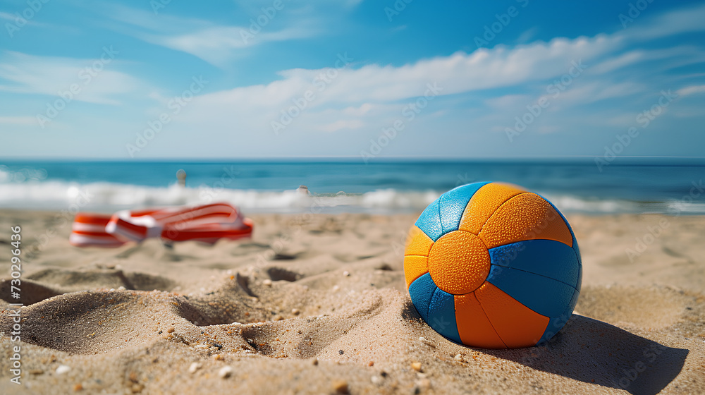 Beach ball, sunglasses, flip flops on the beach, holiday, summer concept.