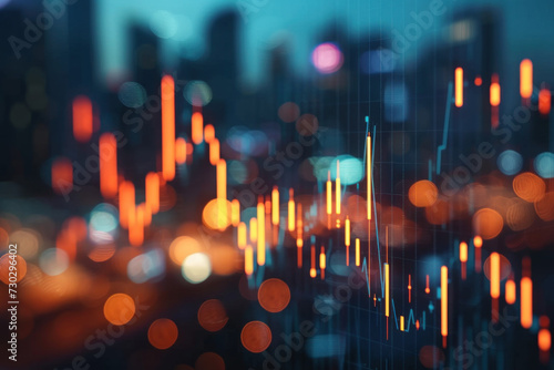 Stock Market Graph Overlay on Blurred Cityscape at Night