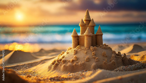 sandcastle against ocean sunrise/sunset. Serene beach scene with golden hues, symbolizing leisure, childhood memories, and natural beauty