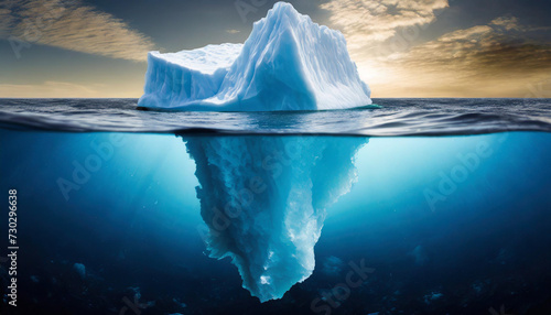  iceberg above, massive below, submerged in ocean depths. Symbolizing hidden depths and unseen potential.