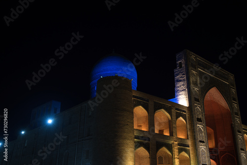 Night view of the Mir-i Arab Madrasa in Bukhara, Uzbekistan photo