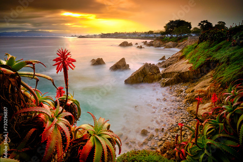 Sunrise on the shore of Pacific Grove, California. 