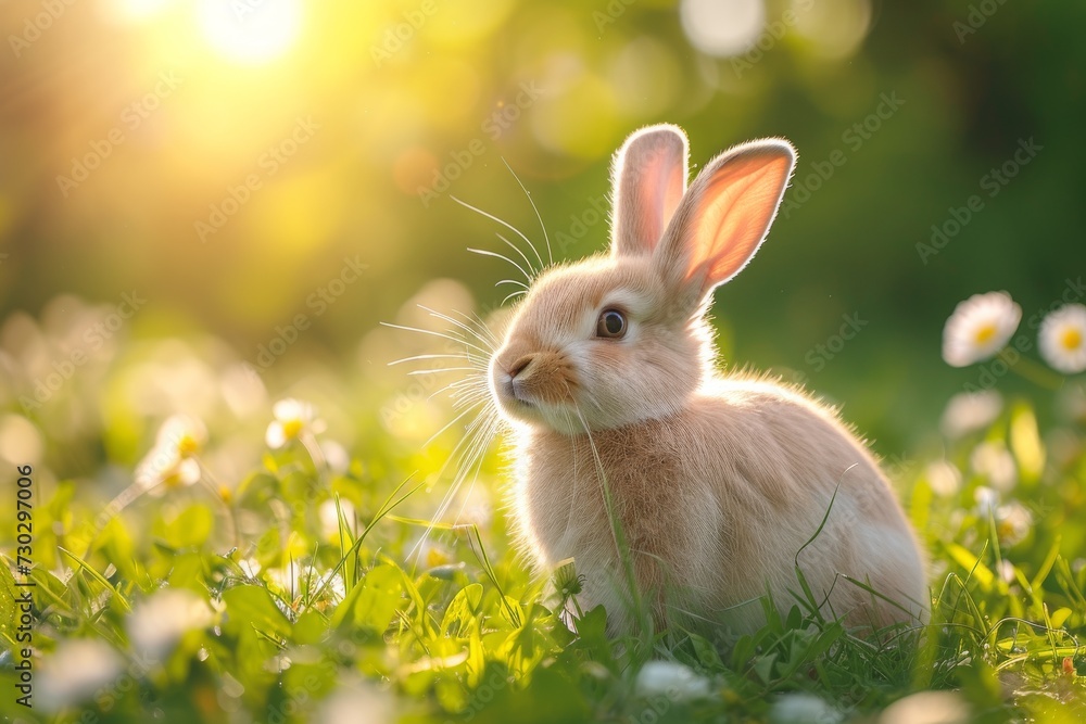 Fototapeta premium Cute Easter bunny with Easter eggs in green grass. Little rabbit sitting near to color eggs in meadow. Generated AI