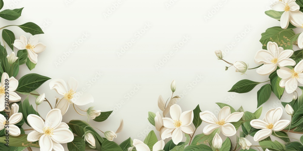 Obraz premium green leaves and white flowers wallpaper isolated on white background