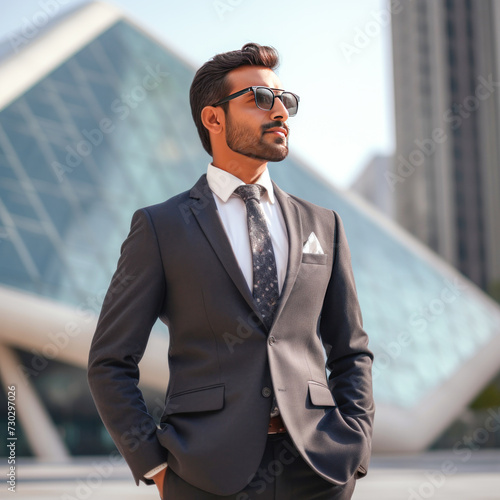 Confident businessman in suit wearing sunglasses standing out of office building