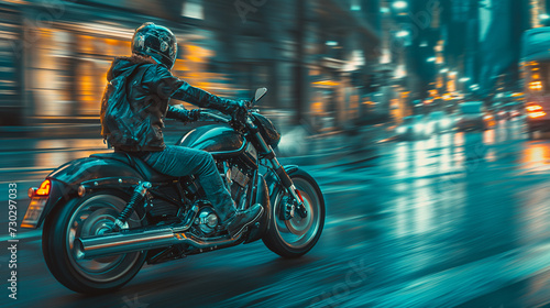 Action shot with man riding a bike in futuristic cyberpunk city. Dynamic scene with motorcycle ride in action movie blockbuster style