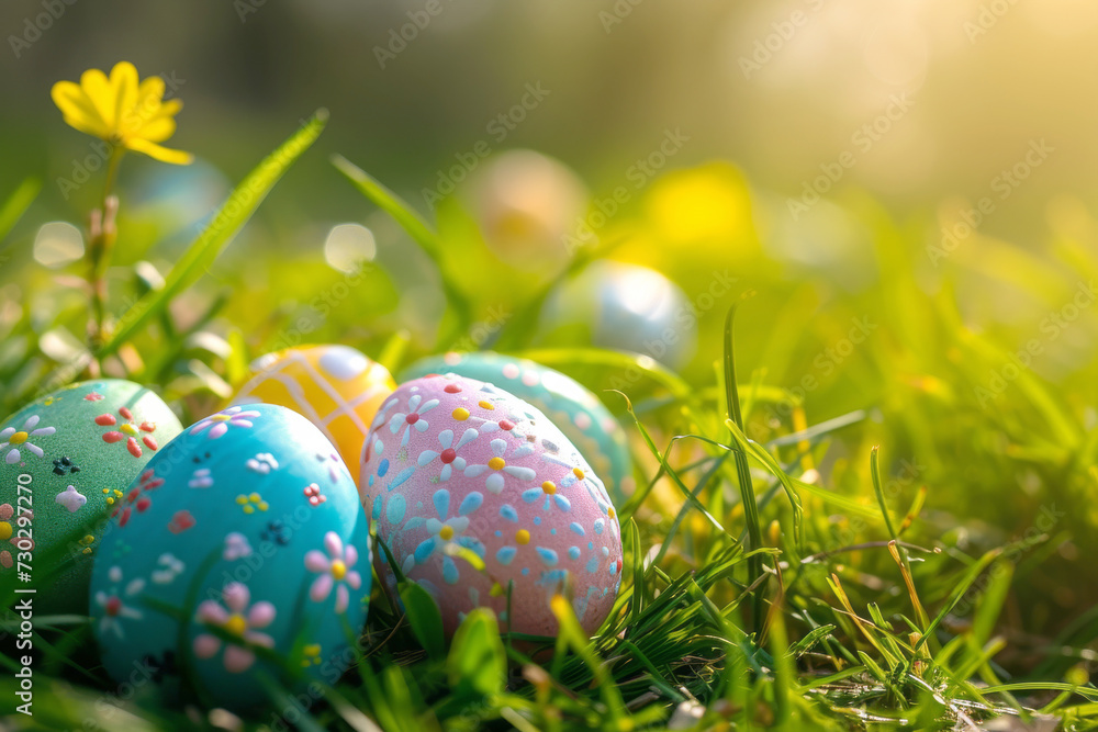 Decorated Easter Eggs in green grass at sunny day. Easter hunting. Generated AI Decorated Easter Eggs in green grass at sunny day. Easter hunting. Generated AI
