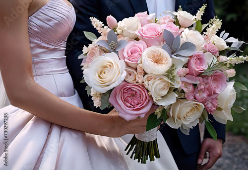 bride and groom of a wedding couple with a bouquet of light pink and white flowers, wedding ceremony, wedding preparation, wedding accessories,