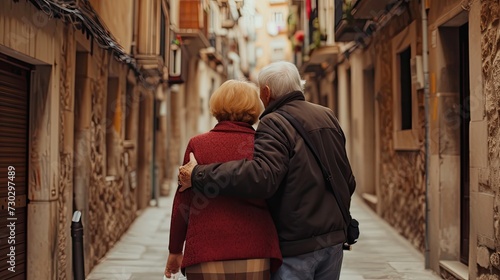 back view of an elderly senior couple walking while holding each other in an alley in a romantic vacation
