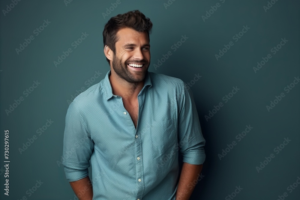 Portrait of a smiling man in blue shirt standing against blue background Portrait of a smiling man in blue shirt standing against blue background