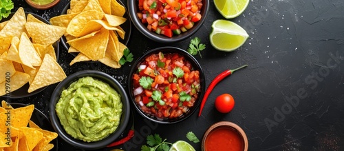 Latin American Mexican food party: guacamole, salsa, chips, tequila on black table, top view.