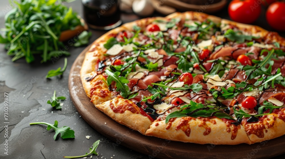 A gourmet pizza topped with arugula, prosciutto, and shaved Parmesan A gourmet pizza topped with arugula, prosciutto, and shaved Parmesan