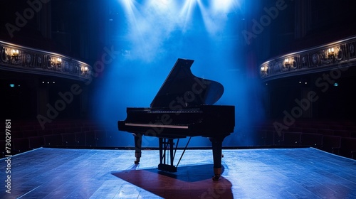 A captivating theater stage with a grand piano placed prominently under the spotlight, its keys gleaming as they await the touch of a skilled musician