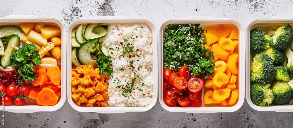 Vegetarian meal containers with rice, veggies, and fruits. Lunch box dinner. Overhead view. Vegetarian meal containers with rice, veggies, and fruits. Lunch box dinner. Overhead view.
