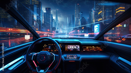 Furutistic car dashboard in the neon city.Synthwave or cyberpunk automobile control panel