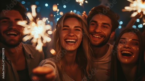 A joyful group of friends raising sparklers to celebrate a birthday under the...