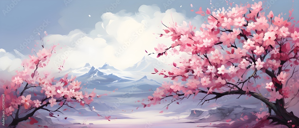 Artistic flower tree scenery with light pink flowers in full bloom in soft and beautiful clear spring weather Artistic flower tree scenery with light pink flowers in full bloom in soft and beautiful clear spring weather