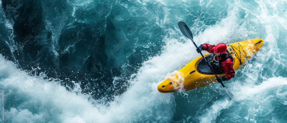 An adventurer braves tumultuous rapids, his kayak slicing through the frothy embrace of the river