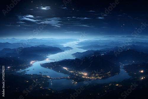 Beautiful night view of the illuminated city seen from the atmosphere