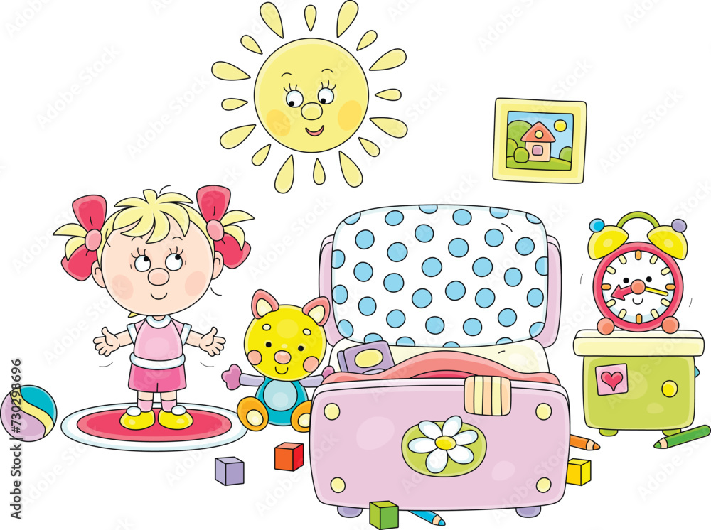 Cute little girl doing morning exercises on a mat near her pretty small bed among funny toys in a nursery room, vector cartoon illustration isolated on a white background Cute little girl doing morning exercises on a mat near her pretty small bed among funny toys in a nursery room, vector cartoon illustration isolated on a white background