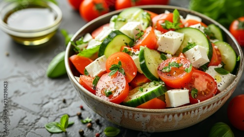 A refreshing Greek salad with ripe tomatoes, crisp cucumbers, and tangy feta ...