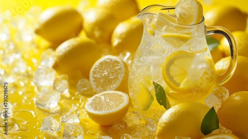 A pitcher filled with homemade lemonade surrounded by vibrant yellow lemons a...