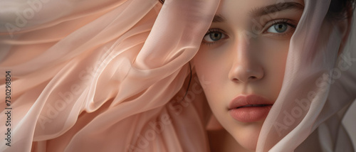 A young woman's face partially veiled by a sheer fabric, her gaze as soft and enigmatic as the folds that drape her