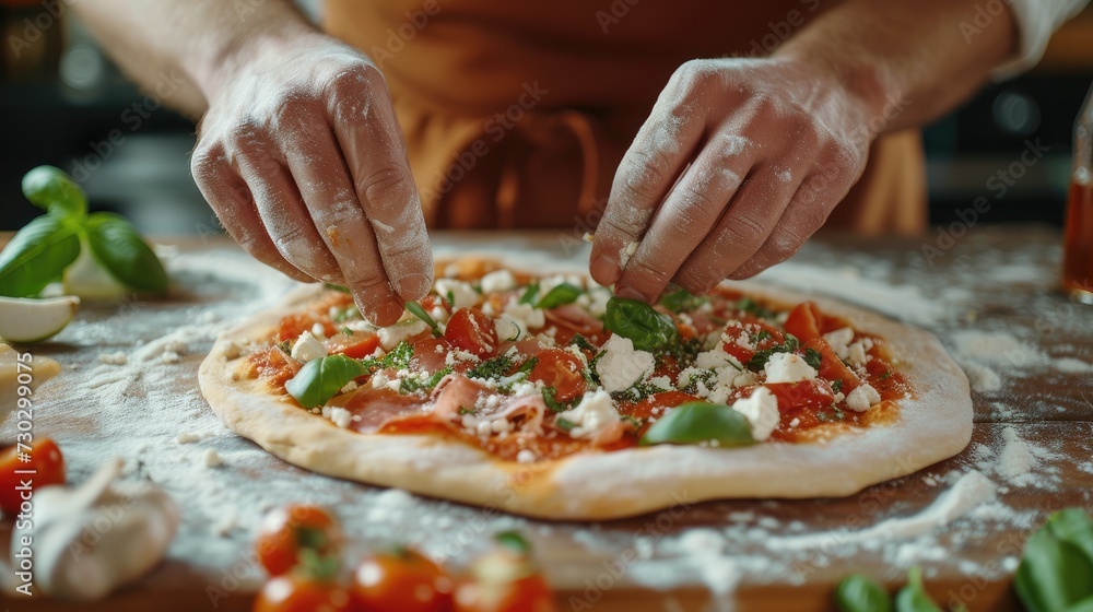 A close-up of skilled hands topping pizza dough with fresh ingredients