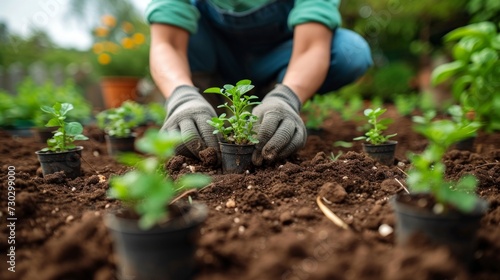 A passionate landscaper planting delicate seedlings with precision in a well-...