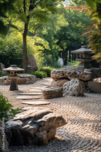 A peaceful Japanese garden with meticulously raked gravel and serene stone la...