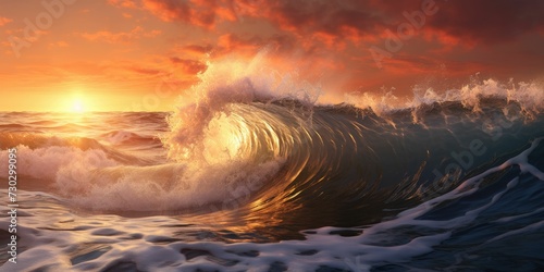 Ocean wave falling down at sunset